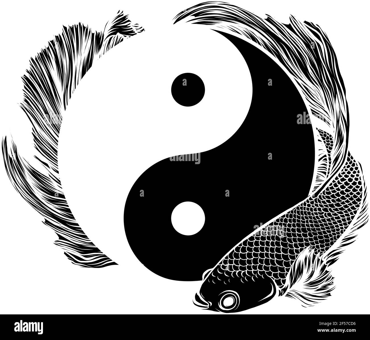 black silhouette of Yin Yang betta splendens fish vector illustration art Stock Vector