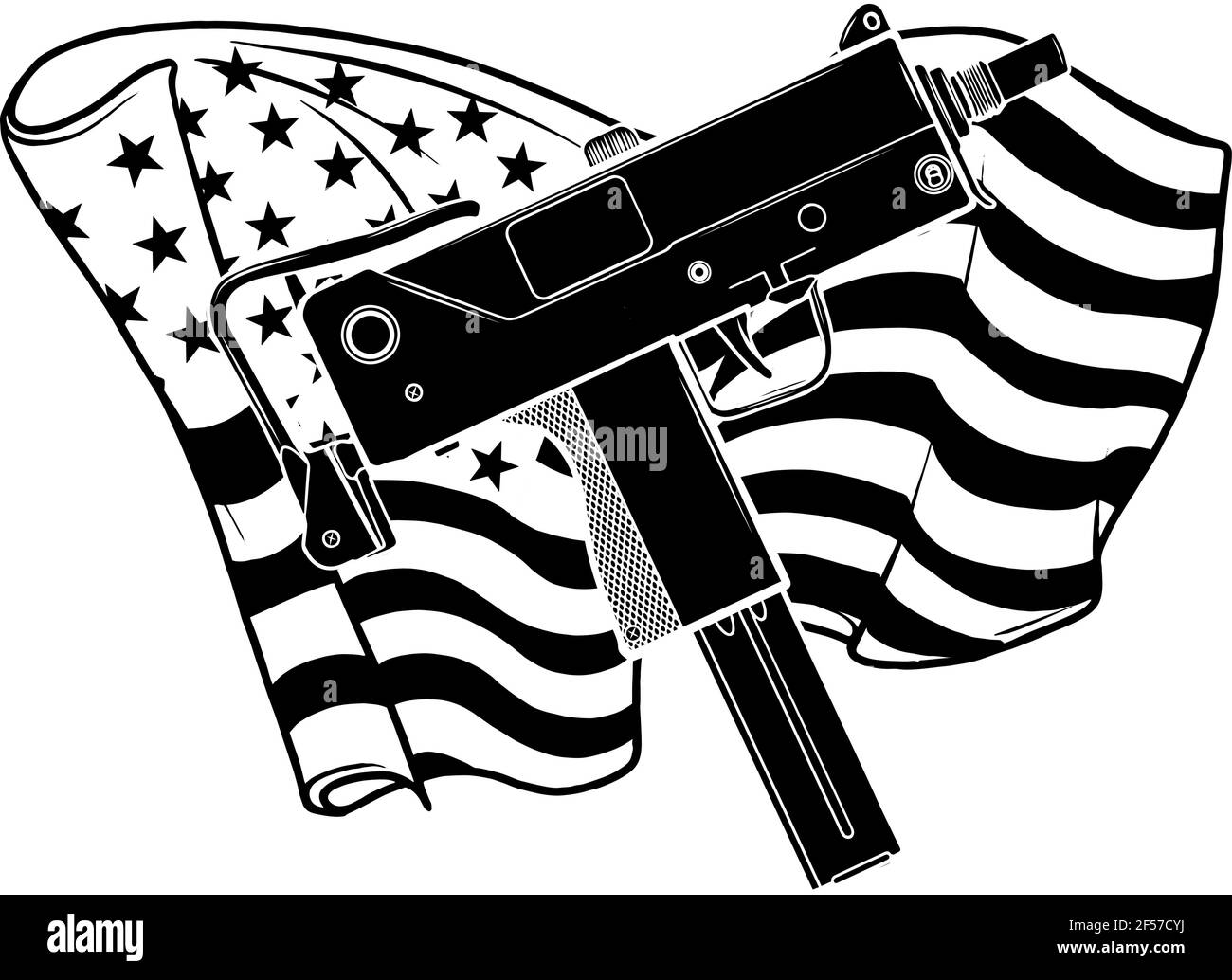 black silhouette of weapont Uzi with ameican flag vector illustration Stock Vector