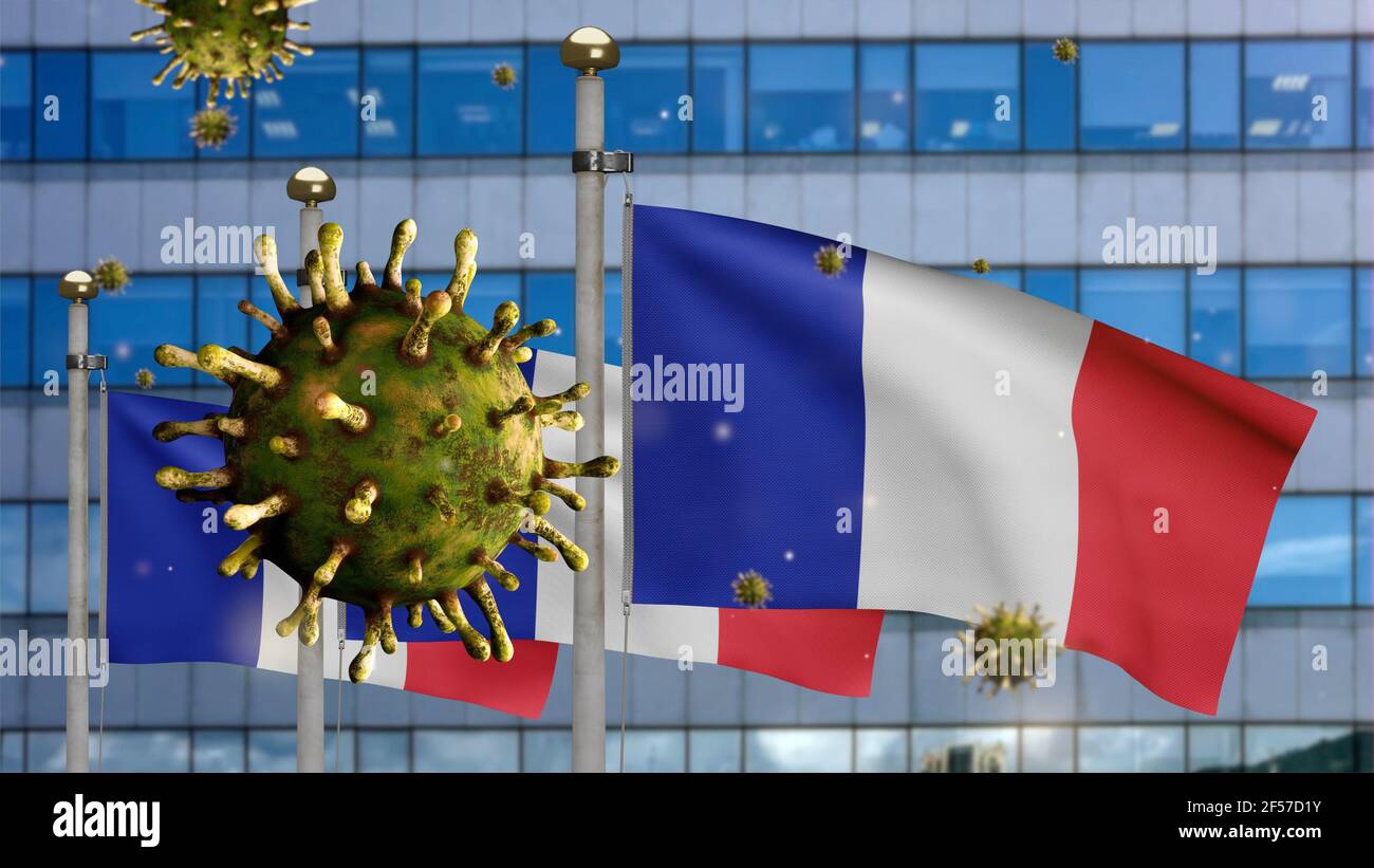 3D illustration French flag waving on modern skyscraper city with ...