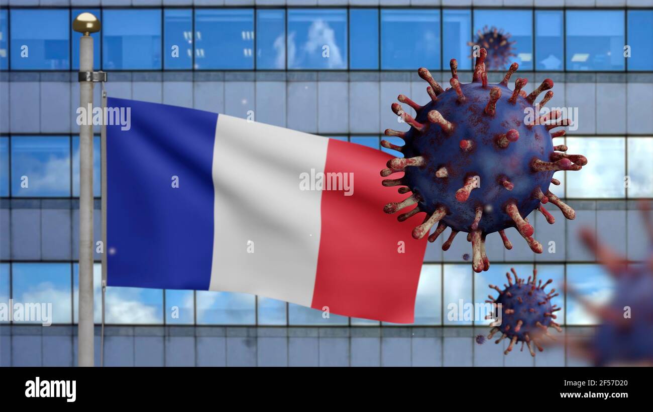 3D illustration French flag waving on modern skyscraper city with ...