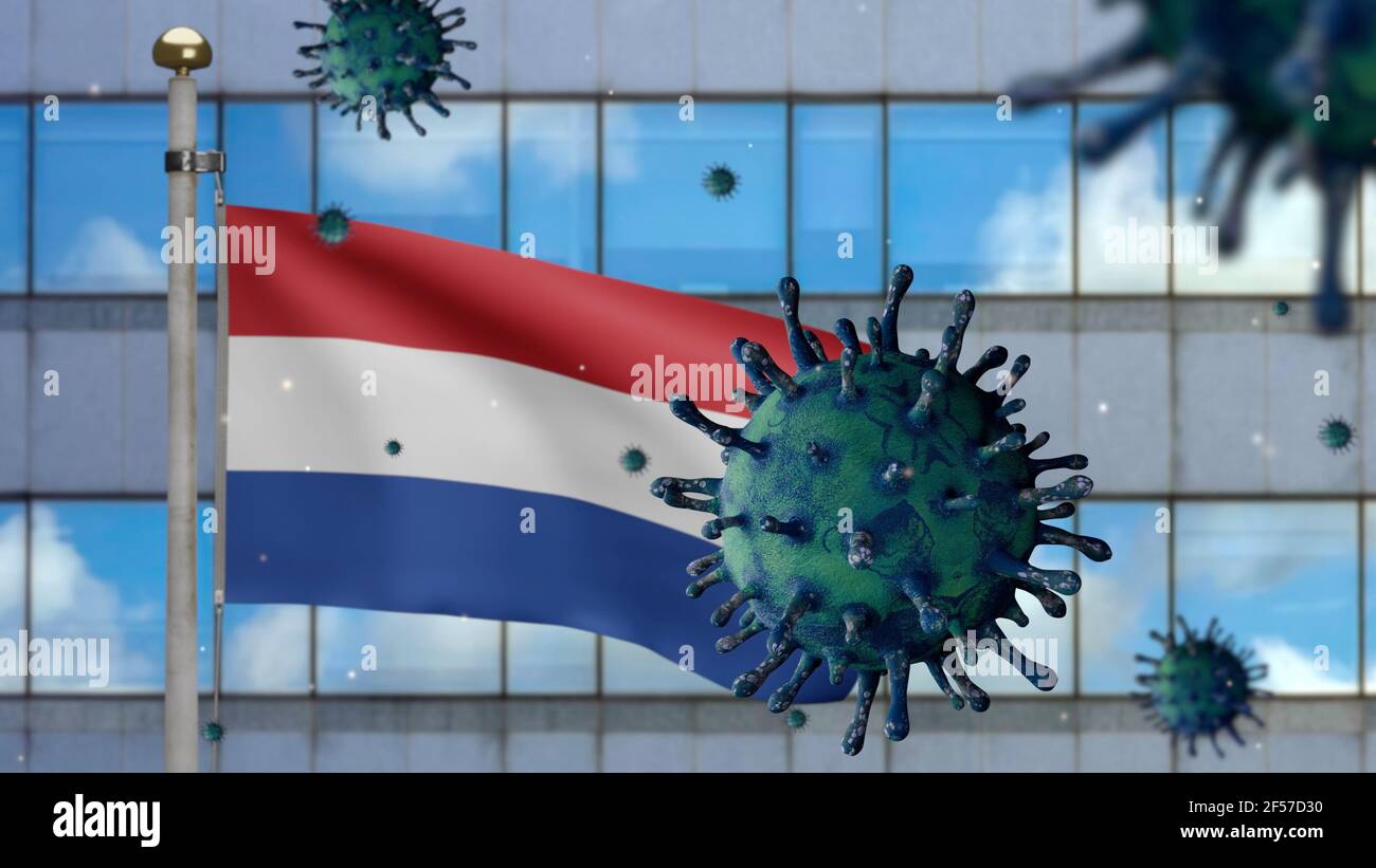 3D illustration Dutch flag waving on modern skyscraper city with ...