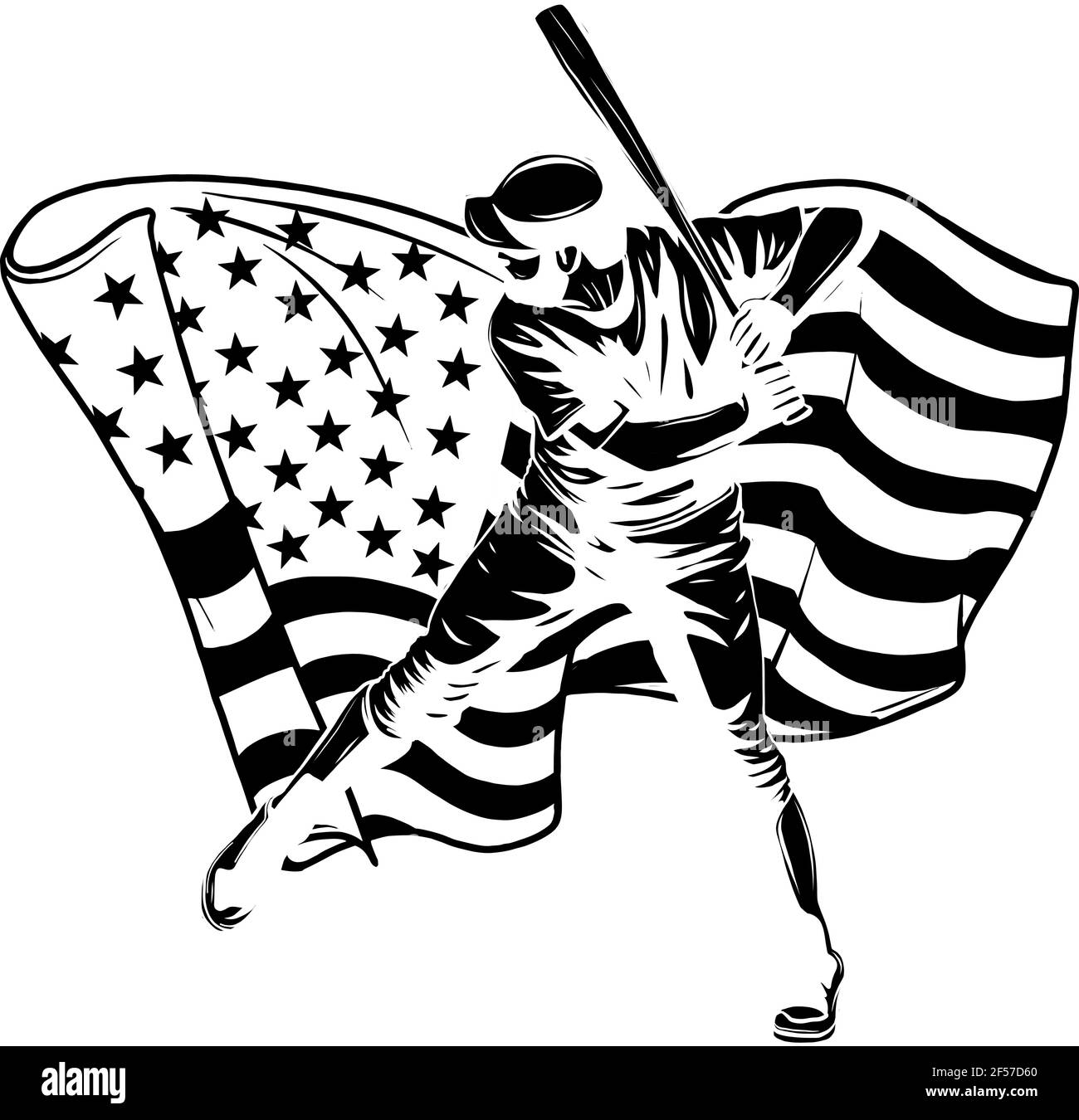 black silhouette of Baseball player with american flag vector illustration Stock Vector
