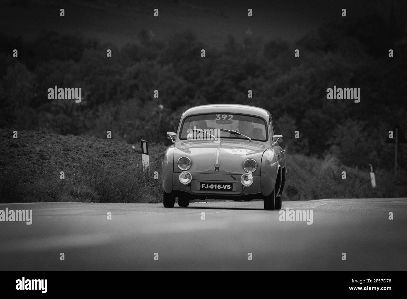 CAGLI , ITALY - OTT 24 - 2020 : RENAULT DAUPHINE 1957 on an old racing car in rally Mille Miglia 2020 the famous italian historical race (1927-1957 Stock Photo