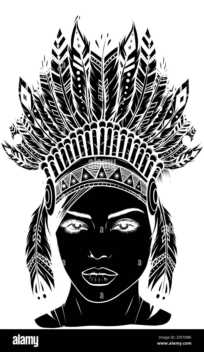black silhouette of Beautiful girl in a headdress of North American Indians. Stock Vector