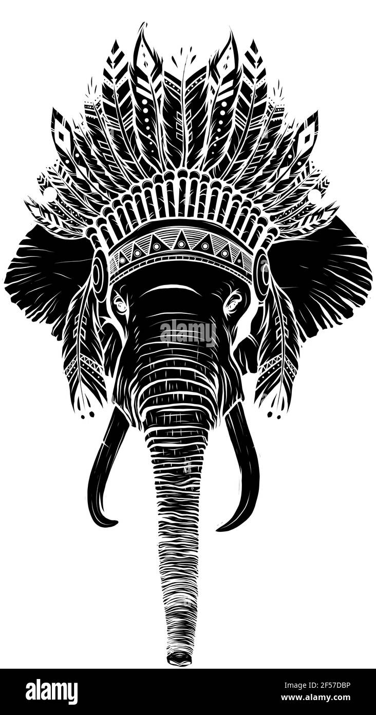 black silhouette of Elephant head with american indian chief headdress. Stock Vector