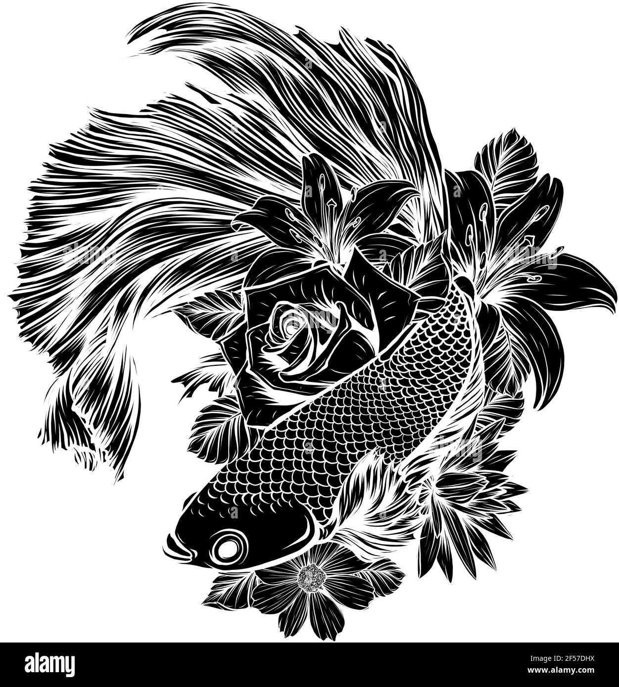 black silhouette of fish betta splendens with flowers vector illustration Stock Vector