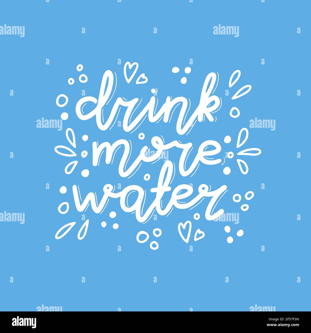 Drink more water. White handwritten lettering with doodle splash on blue background. Stock Vector