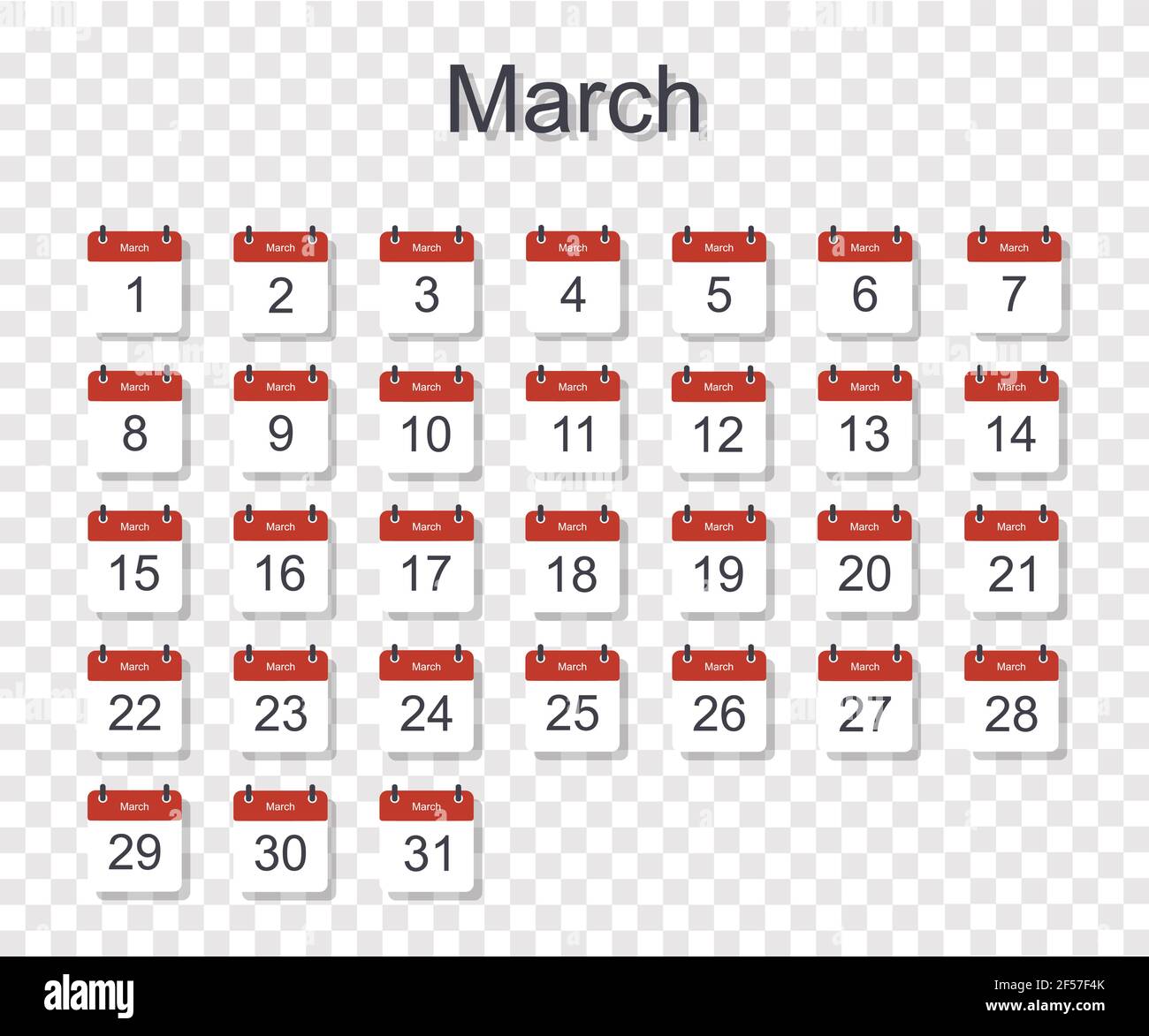Monthly calendar template for March with daily date. On transparent ...