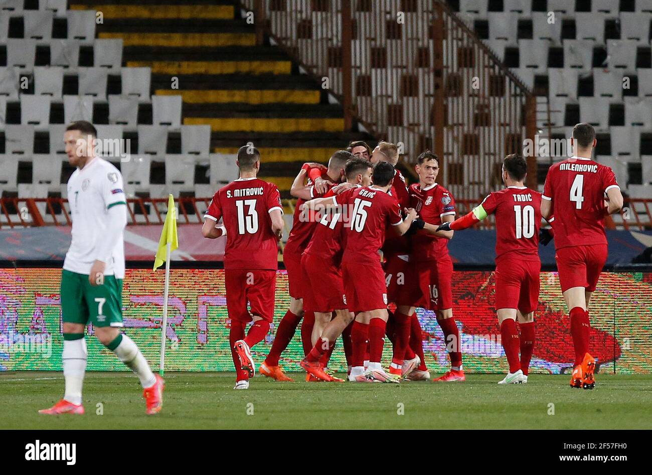 Serbia players celebrate after Dusan Vlahovic (hidden) scores their first  goal during the 2022 FIFA World