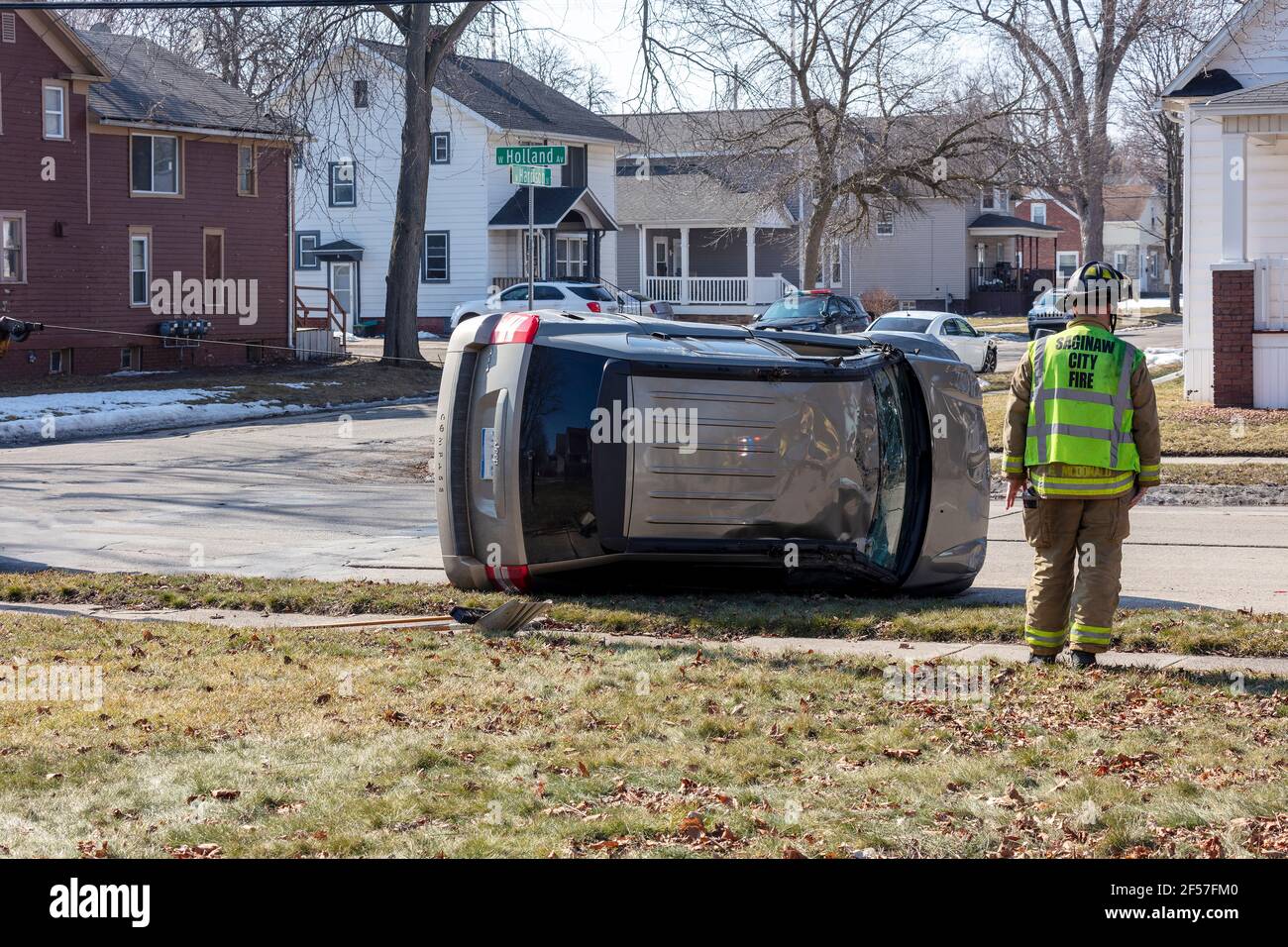 Auto accident, roll-over, Saginaw, MI, USA, by James D Coppinger/Dembinsky Photo Assoc Stock Photo