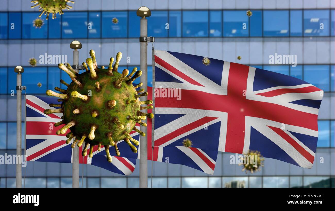 3D illustration United Kingdom flag waving on modern skyscraper city ...