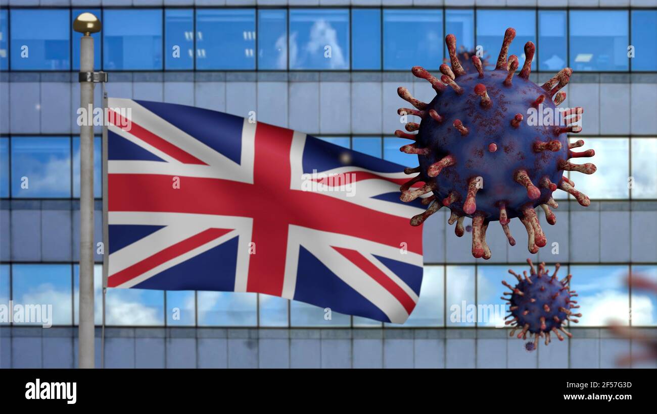 3D illustration United Kingdom flag waving on modern skyscraper city ...