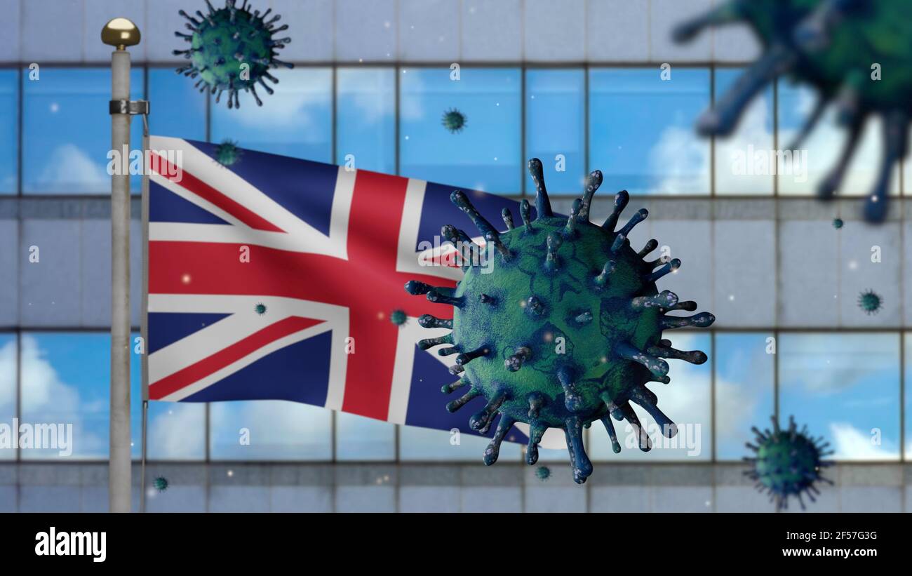 3D illustration United Kingdom flag waving on modern skyscraper city ...