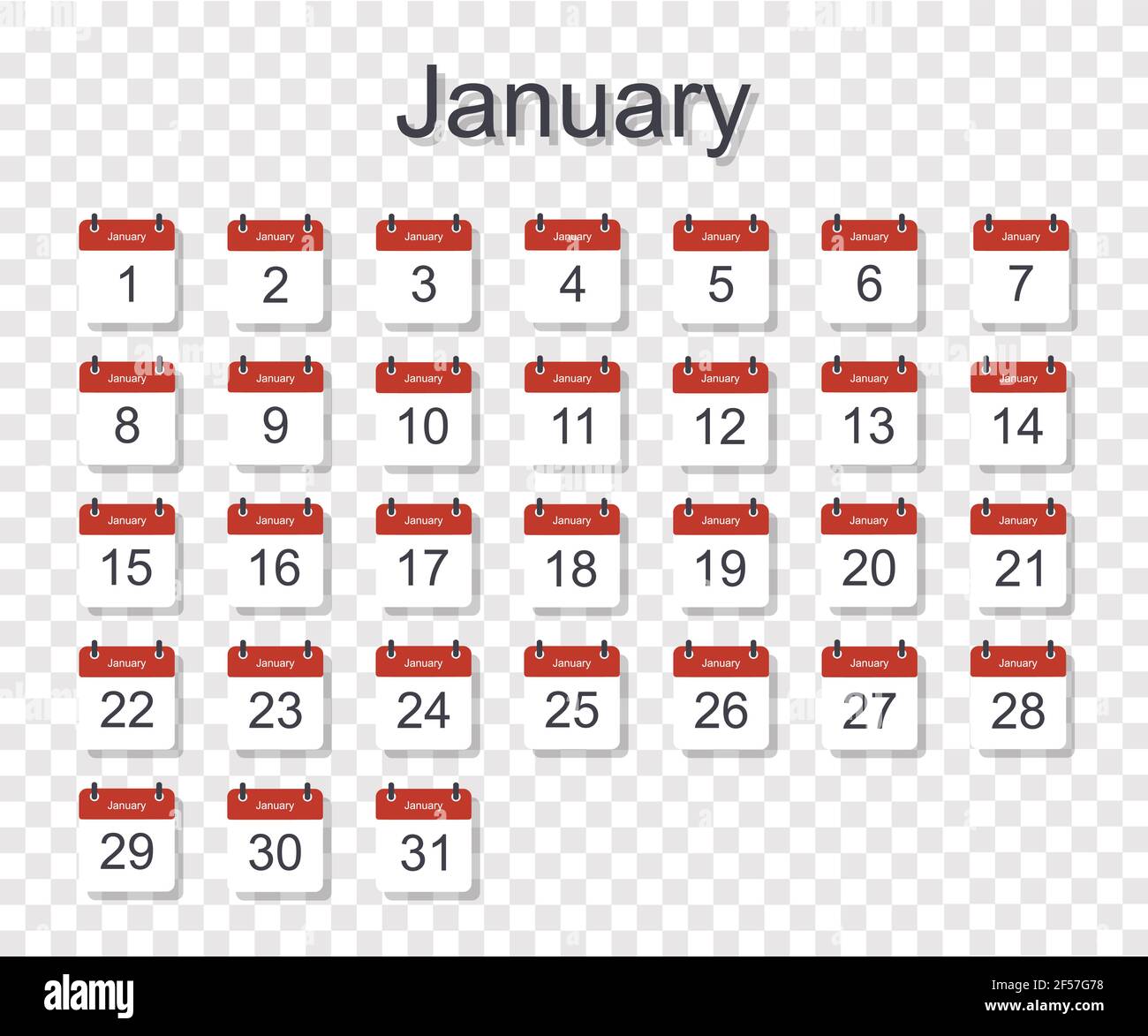 Monthly calendar template for January with daily date. On transparent ...