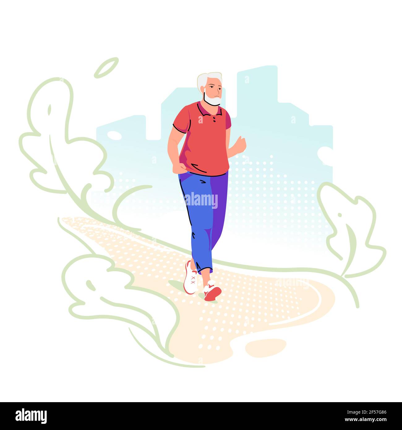 Running senior elderly man on green city background. Sport, fitness for pensioner. Active lifestyle care old person. Run in park outside. Healthy Stock Vector
