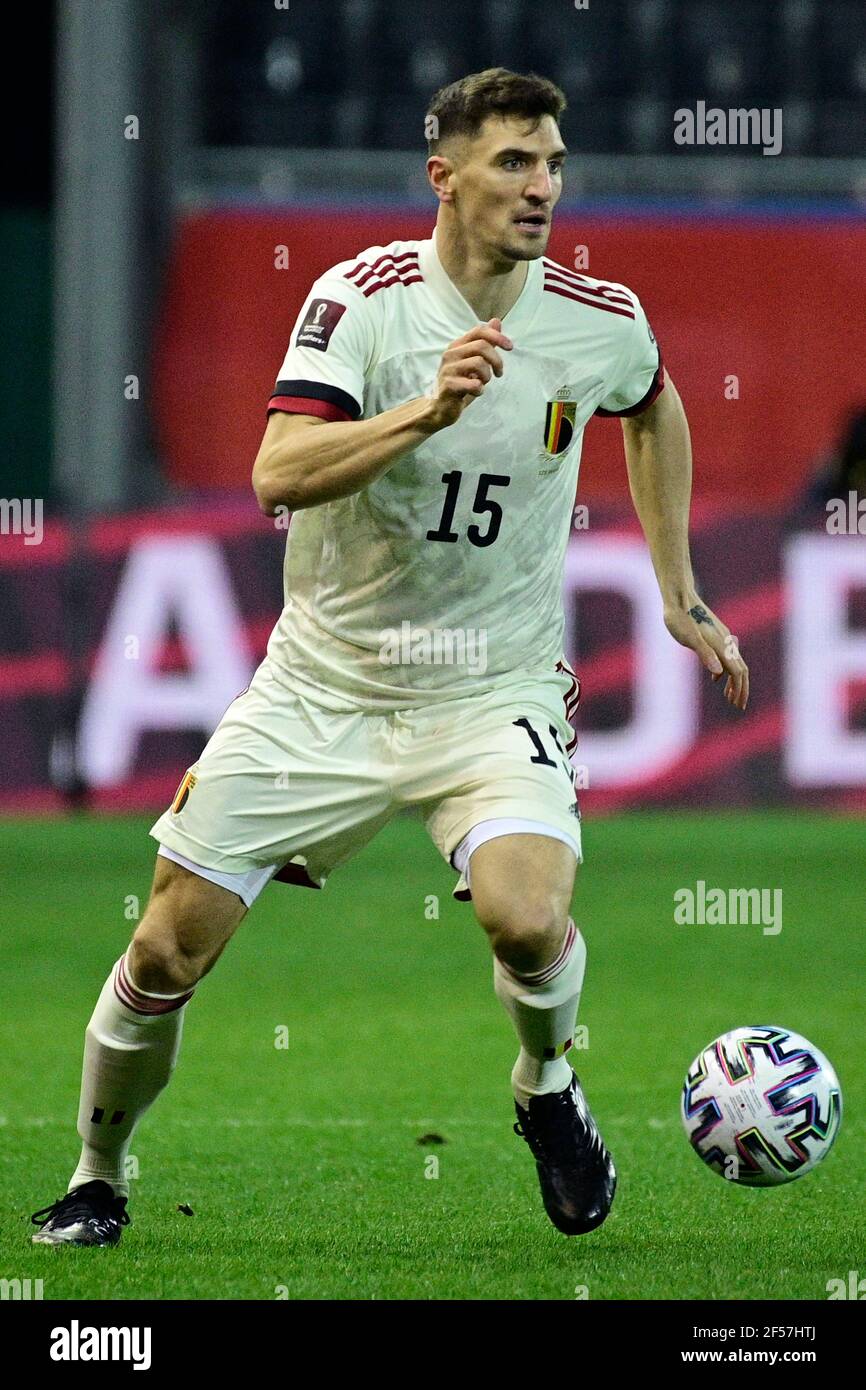 Belgium's Thomas Meunier in action during the 2022 FIFA World Cup Qualifying match at the King Power at Den Dreef Stadium in Leuven, Belgium. Picture date: Wednesday March 24, 2021. Stock Photo