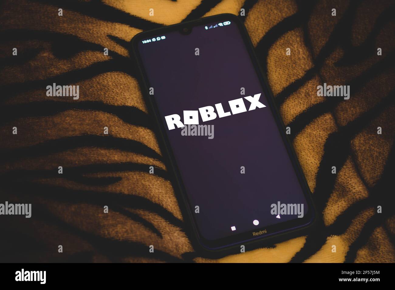 Roblox game app on the smartphone screen on blue background. Top view. Rio  de Janeiro, RJ, Brazil. June 2021. Stock Photo