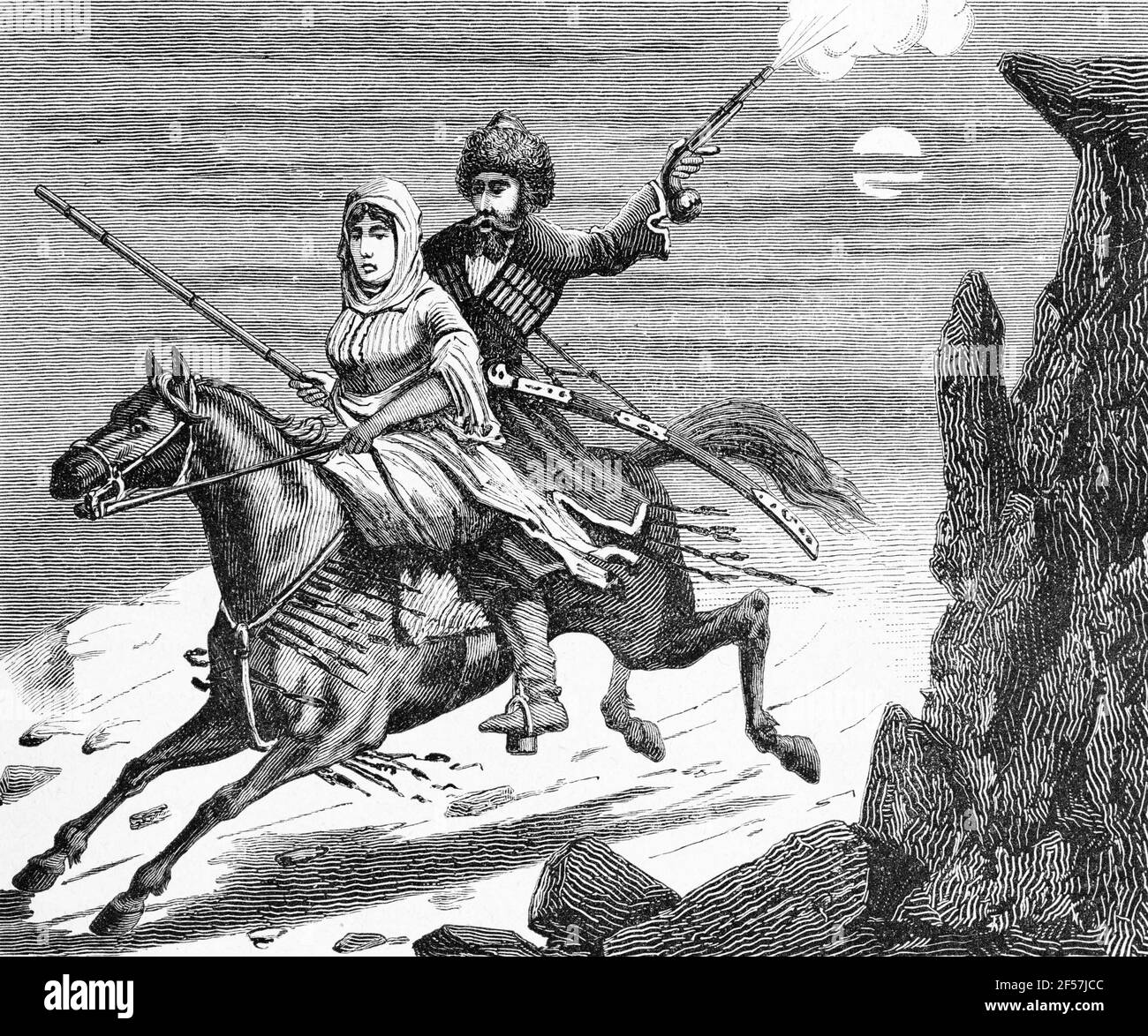 Russian rider galloping away with a stolen young Circassian woman, corrsesponding to a local custom, Georgia, wood engraving, Wien. Leipzig 1881 Stock Photo