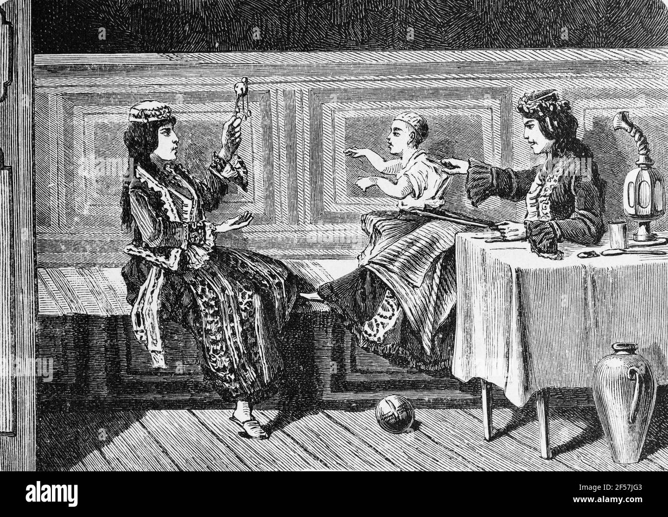 A puppet show as part of Armenian culture and family life, Armenia, Asia,  wood engraving, Wien. Leipzig 1881 Stock Photo