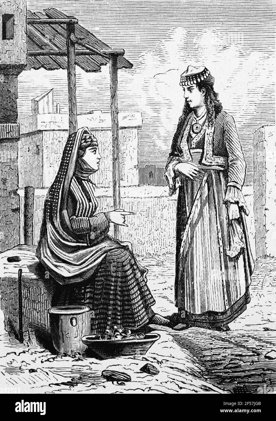 Armenian Women talking to each other in front of a house, Armenia, Asia, wood engraving, Wien. Leipzig 1881 Stock Photo