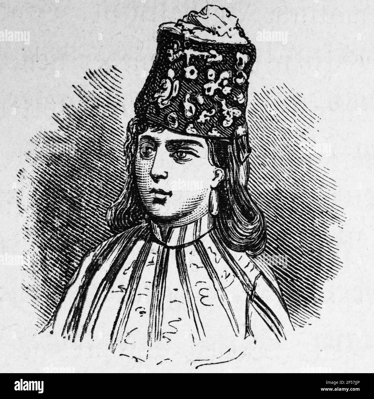 Young Turkish girl with a typical headdress, Turkey, Asia, wood engraving, Wien. Leipzig 1881 Stock Photo