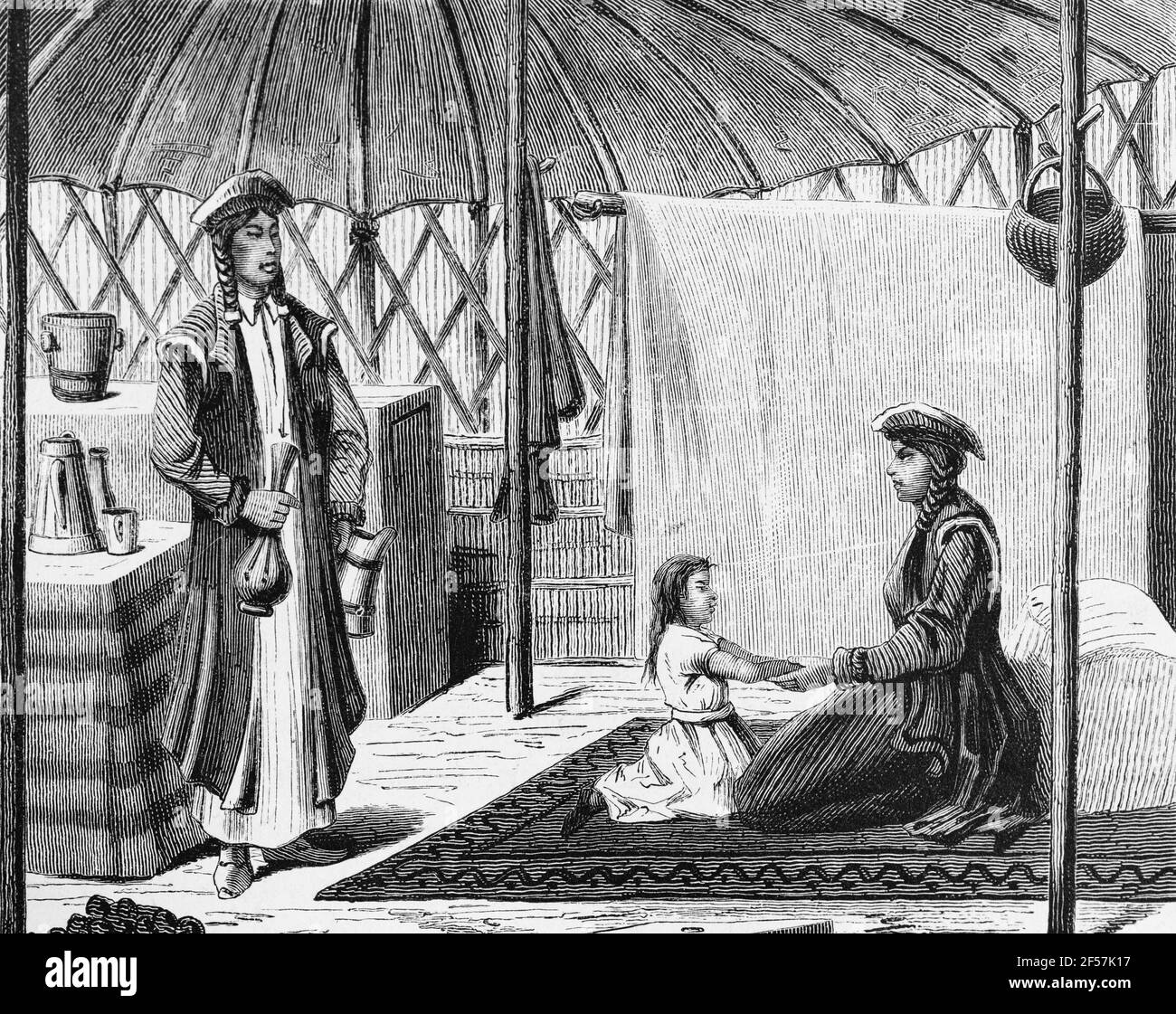 Kalmyk women at home in their tent, Kalmykia, Russia, Eastern Europe, wood engraving, Wien. Leipzig 1881 Stock Photo