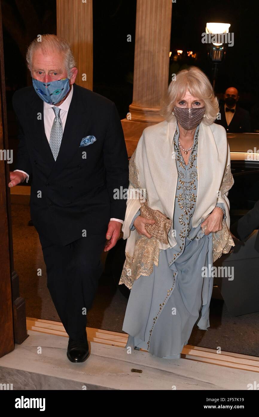 The Prince of Wales and the Duchess of Cornwall arrive at the presidential mansion in Athens for a dinner and reception during a two-day visit to Greece to celebrate the bicentenary of Greek independence. Picture date: Wednesday March 24, 2021. Stock Photo