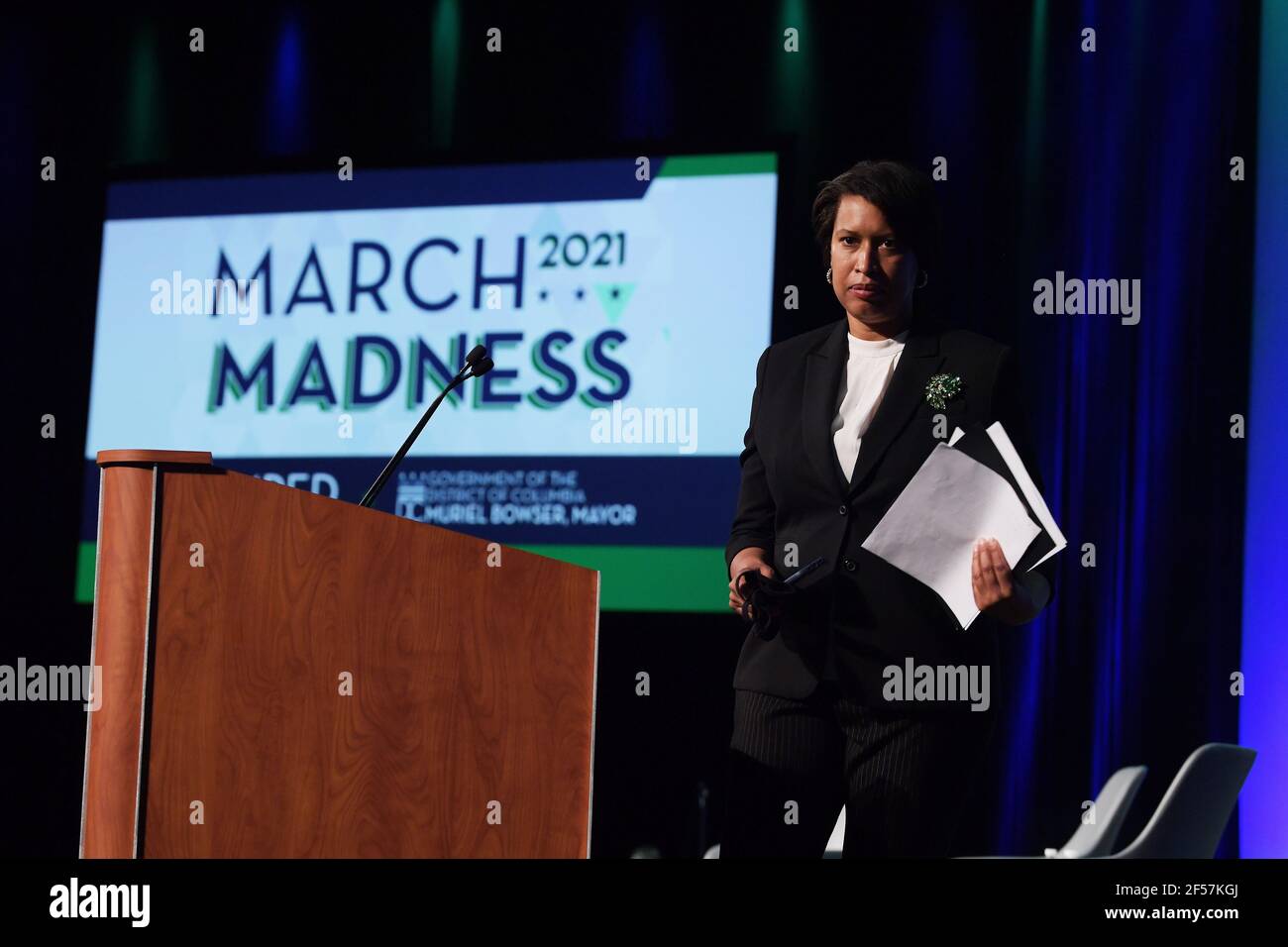 DC Mayor Muriel Bowser deliver remarks about DC HOPE: Housing, Opportunity, Prosperity and Equity during the 7th Annual March Madness today on March 24, 2021 at Walter E. Washington Convention Center in Washington DC, USA. (Photo by Lenin Nolly/Sipa USA) Stock Photo