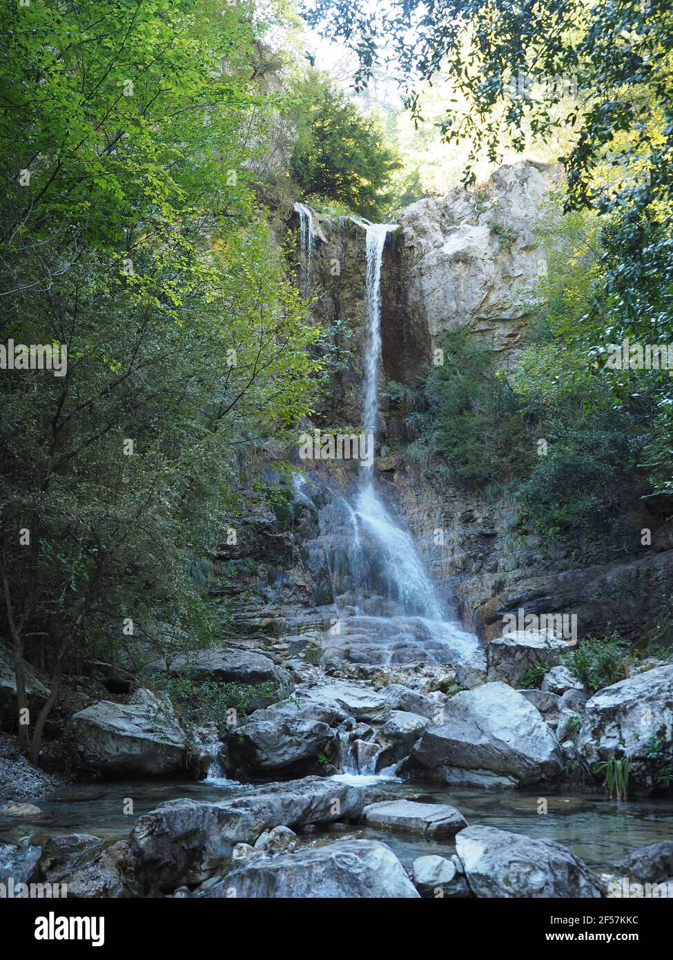 The famous red waterfalls at Orlias on Mt Olympus, the highest mountain in Greece Stock Photo