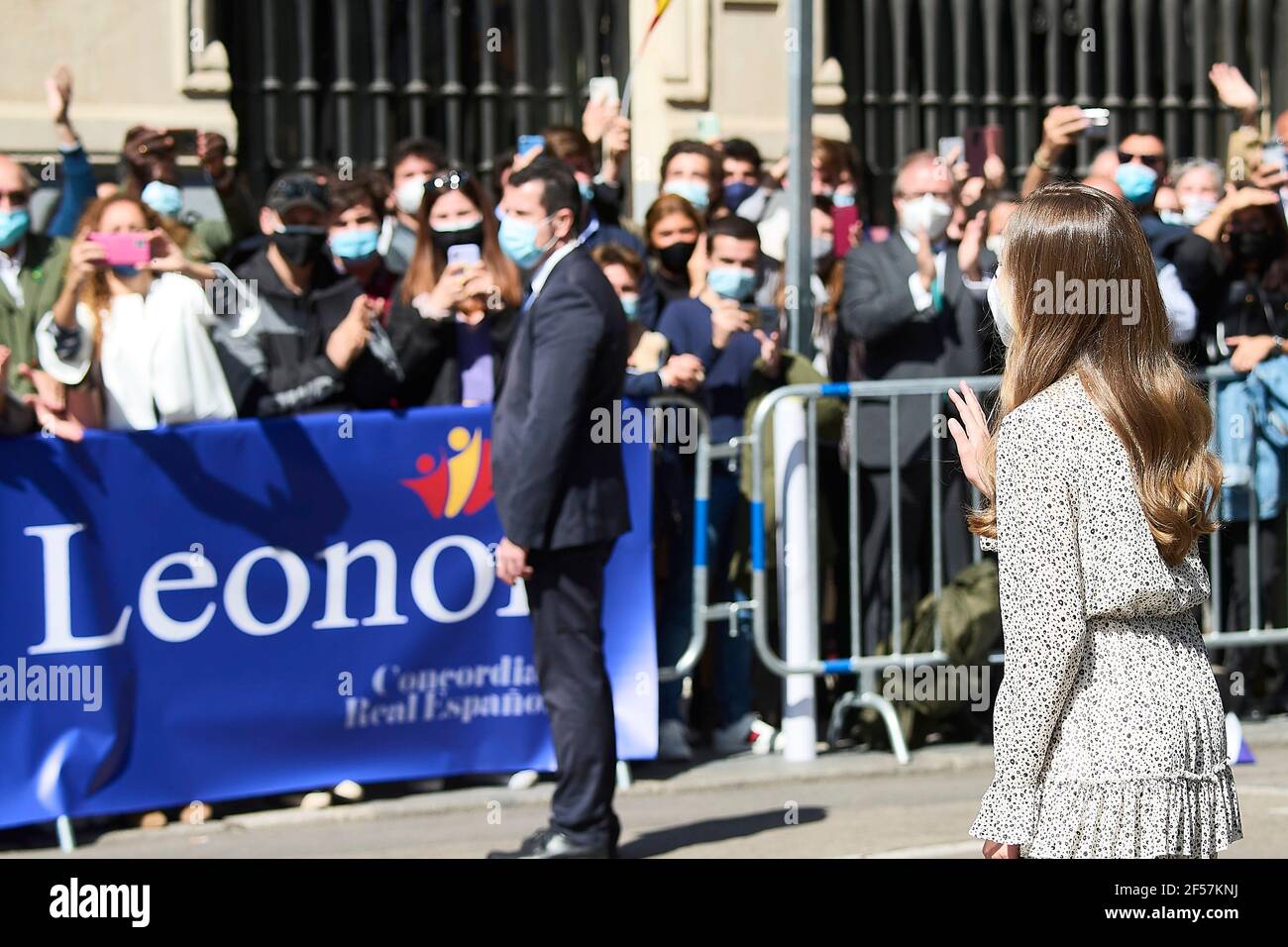24-03-2021 Spain Princess Leonor, during het 1st solo public event, visited the 30th anniversary of the Cervantes institute. Princess Leonor, 15, visited the Cervantes Institute where she will deposit the Cervantes and Spanish Constitution copies that she used to read in her two first public readings.      (Photo by Thorton/PPE/Sipa USA) Stock Photo