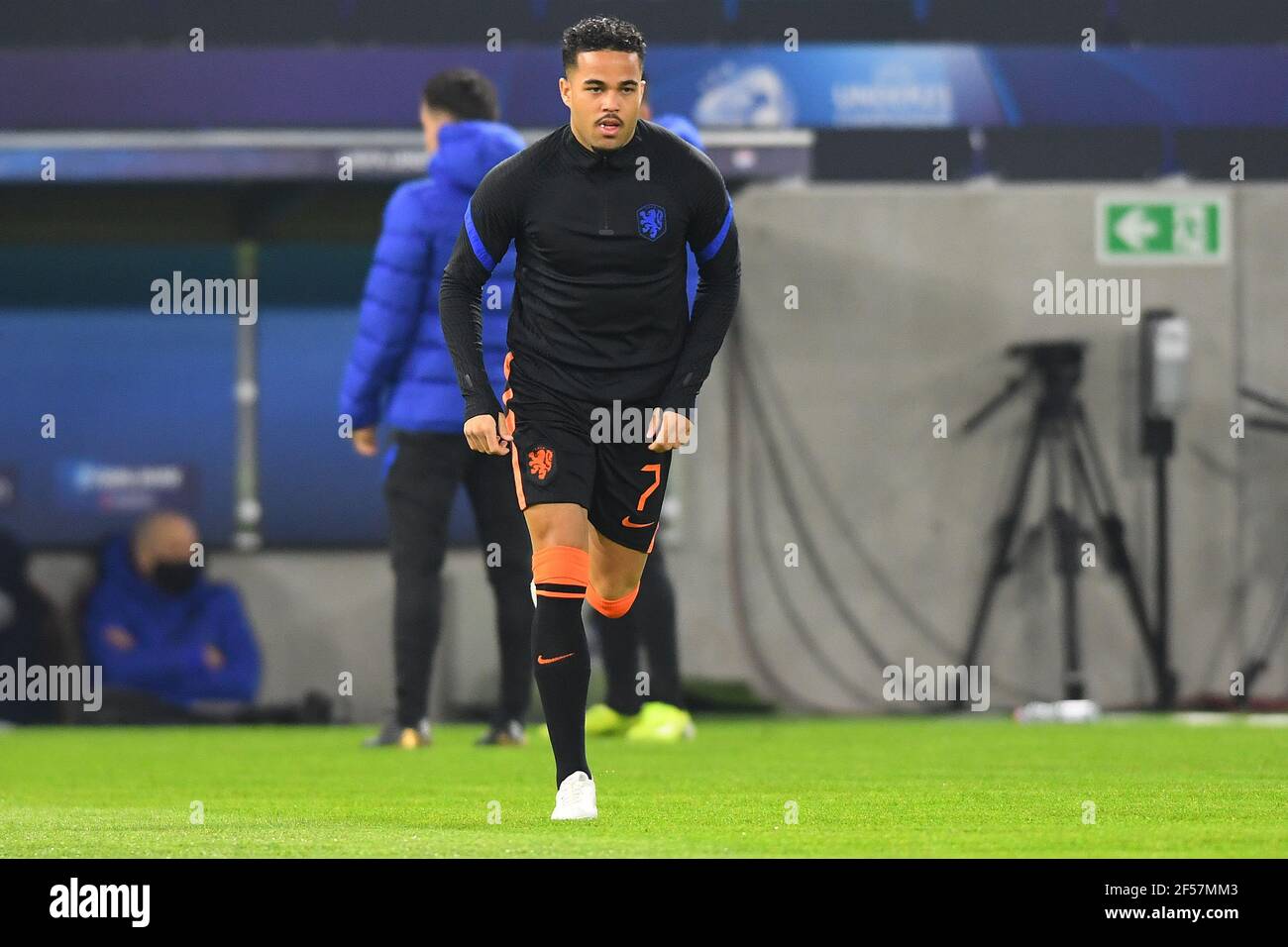 BUDAPEST, 24-03-2021, Bozsik Arna, 2020 / 2021, football, UEFA Under 21 Championships, warming-up Jong Oranje player Justin Kluivert before the match Romania - Jong Oranje (Photo by Pro Shots/Sipa USA) *** World Rights Except Austria and The Netherlands *** Stock Photo
