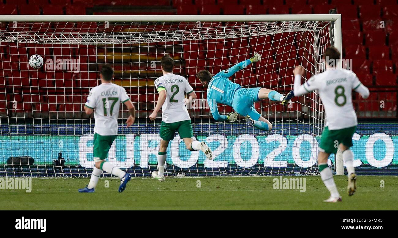Republic of Ireland goalkeeper Mark Travers dives in vain as Serbia's Aleksandar Mitrovic (not pictured) scores their second goal during the 2022 FIFA World Cup Qualifying match at the Rajko Mitic Stadium in Belgrade, Serbia. Picture date: Wednesday March 24, 2021. Stock Photo