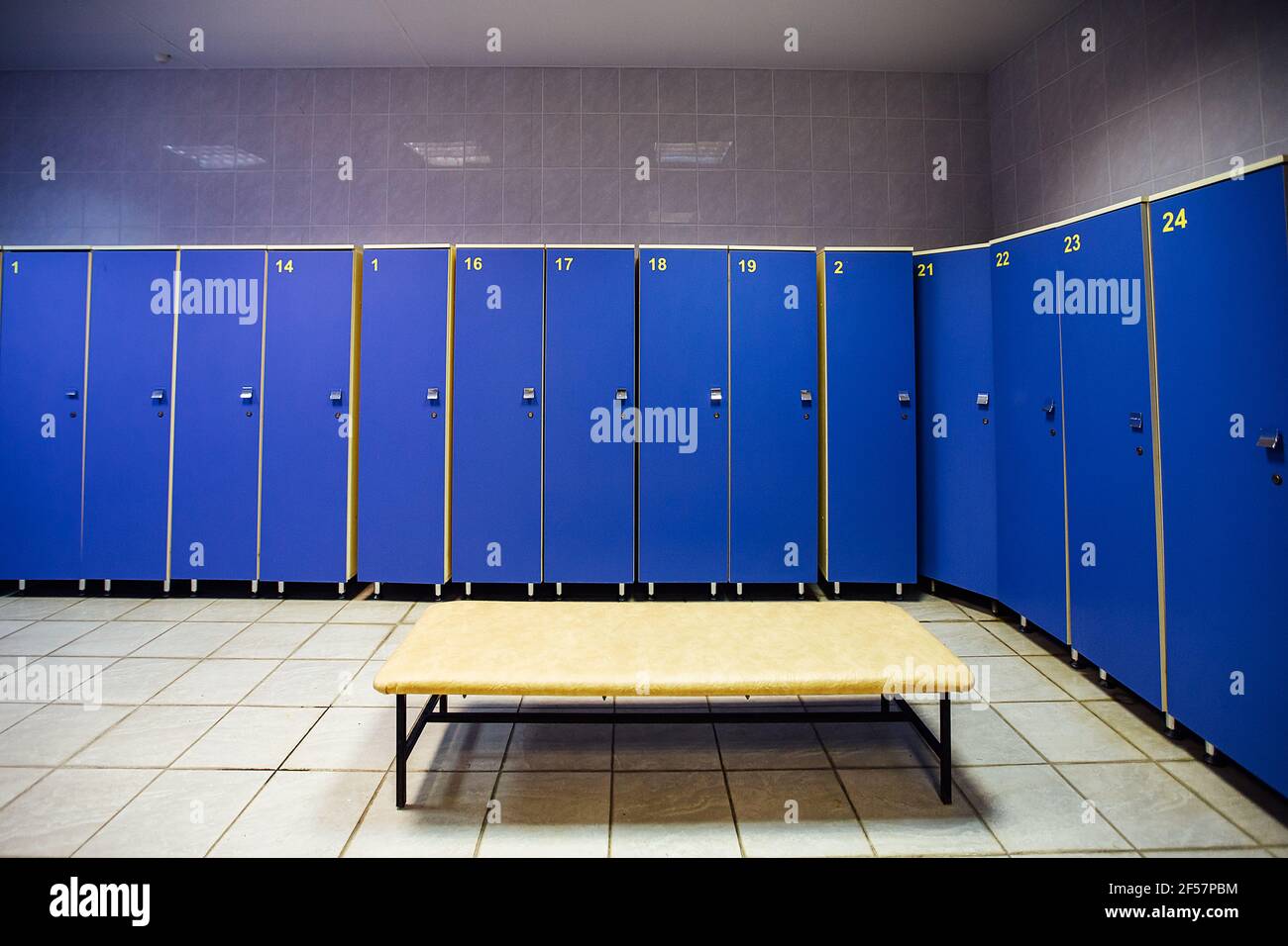 lockers in the gym locker room. bench in front of the shower. a place