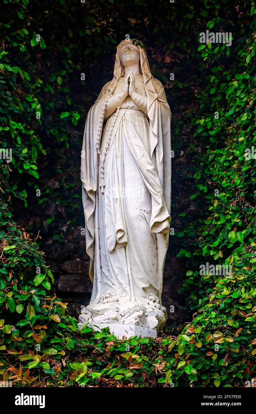 A statue of the Virgin Mary is pictured at the Grotto of Lourdes at Spring Hill College, March 21, 2021, in Mobile, Alabama. Stock Photo