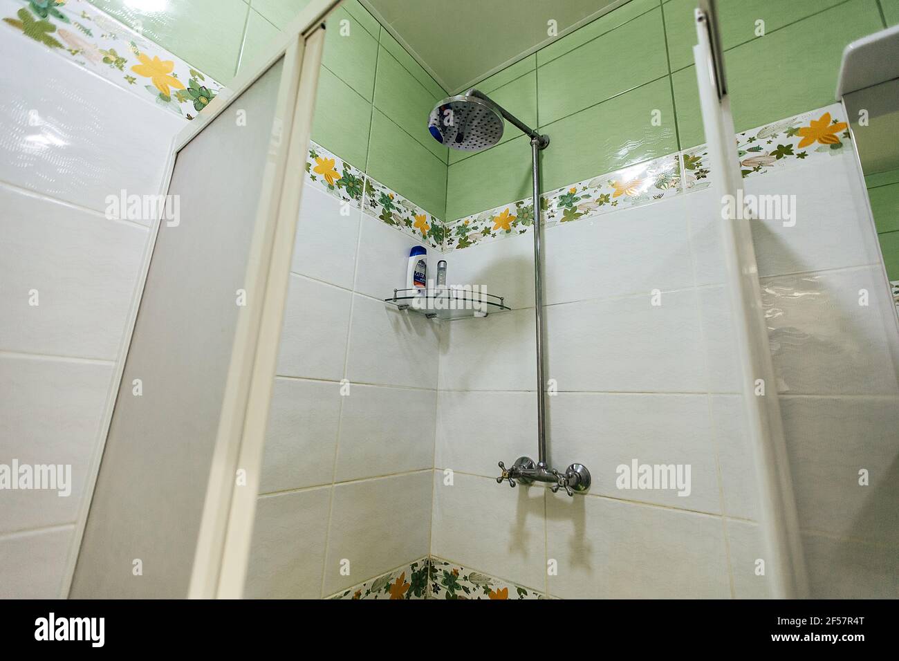 shower stall in the room of an inexpensive hotel Stock Photo
