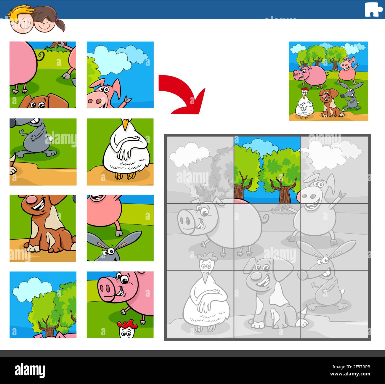 Cartoon illustration of educational jigsaw puzzle game for children ...