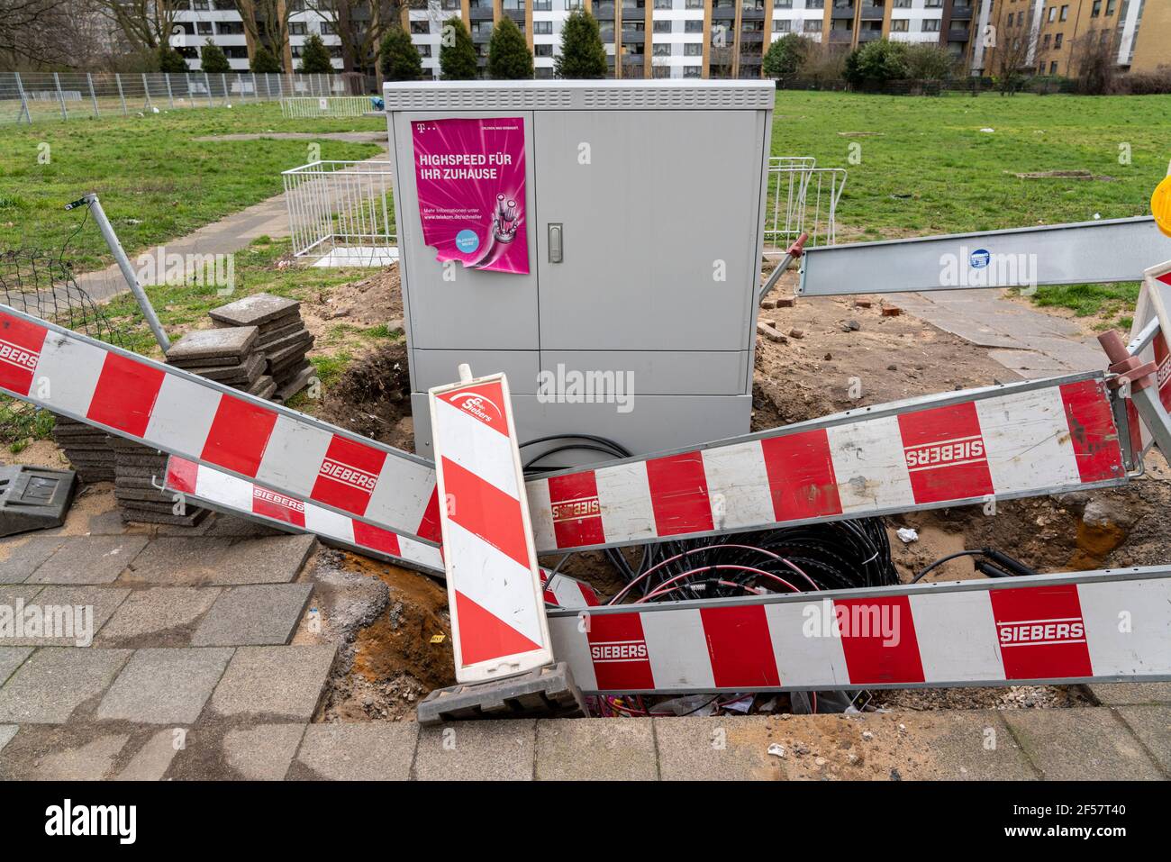 Deutsche Telekom construction site in the Hochheide district of Duisburg, connection of fast internet, fibre optic network, broadband expansion, NRW, Stock Photo
