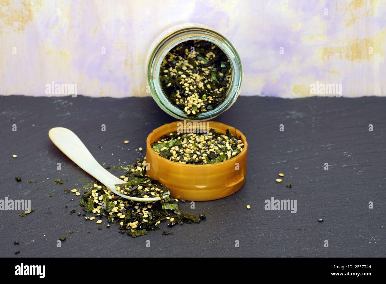A jar of furikake, a Japanese condiment with dried nori seaweed and