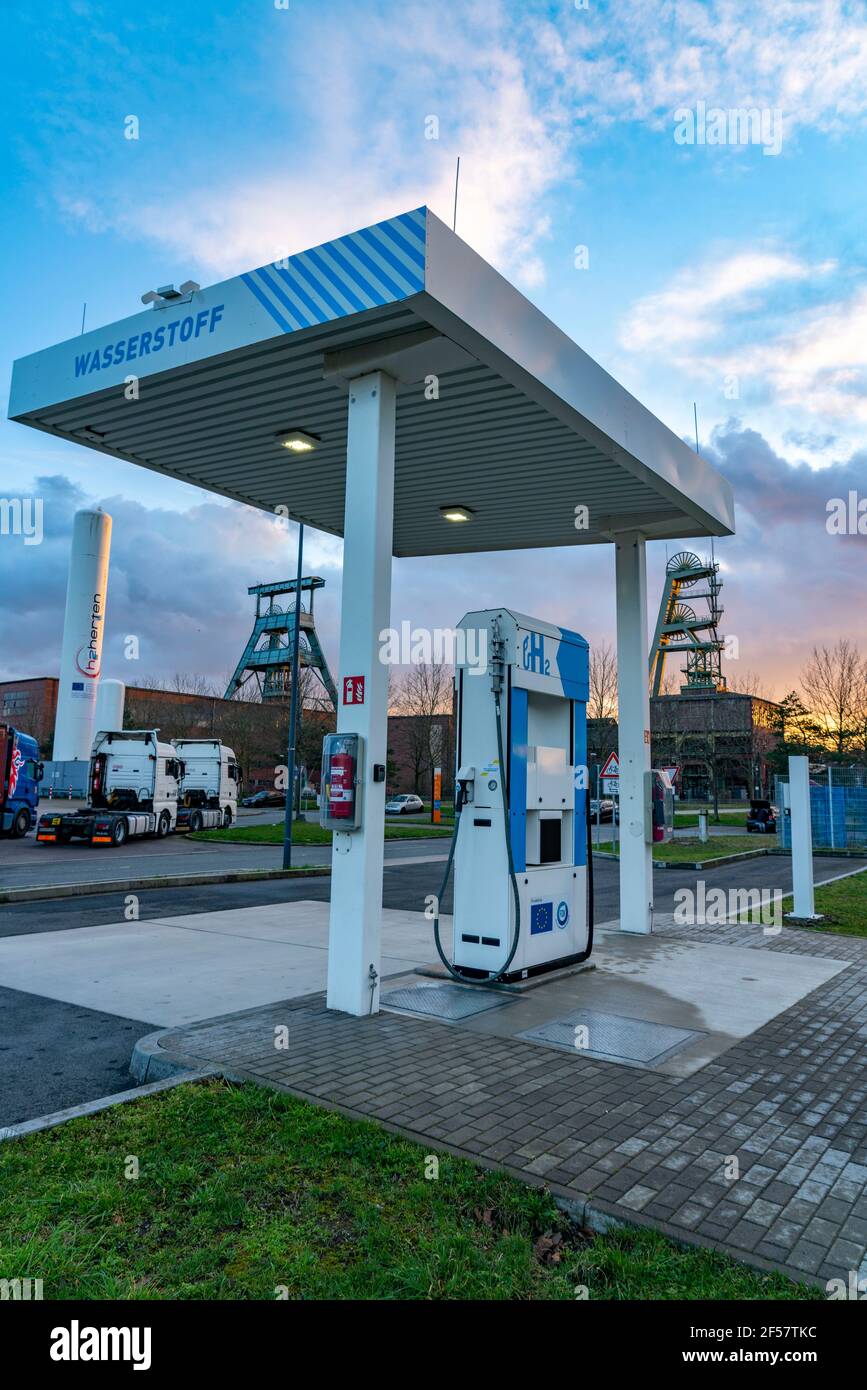 Hydrogen filling station, at the Hydrogen Competence Centre Hertern, h2Herten, on the site of the disused Ewald coal mine in Herten, NRW, Germany. Stock Photo