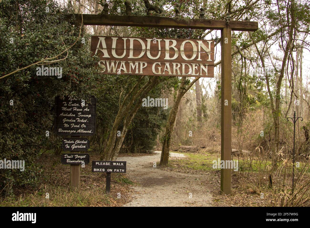 Charleston, South Carolina, USA - February 21, 2021: Entrance to the Audubon Swamp Garden at Magnolia Plantation. Stock Photo