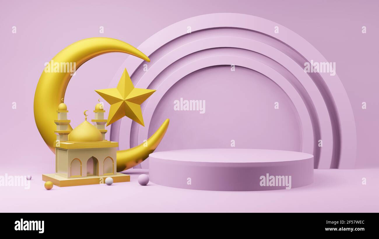 Crescent moon and stars golden with Mosque Islamic symbol 3D rendering ...