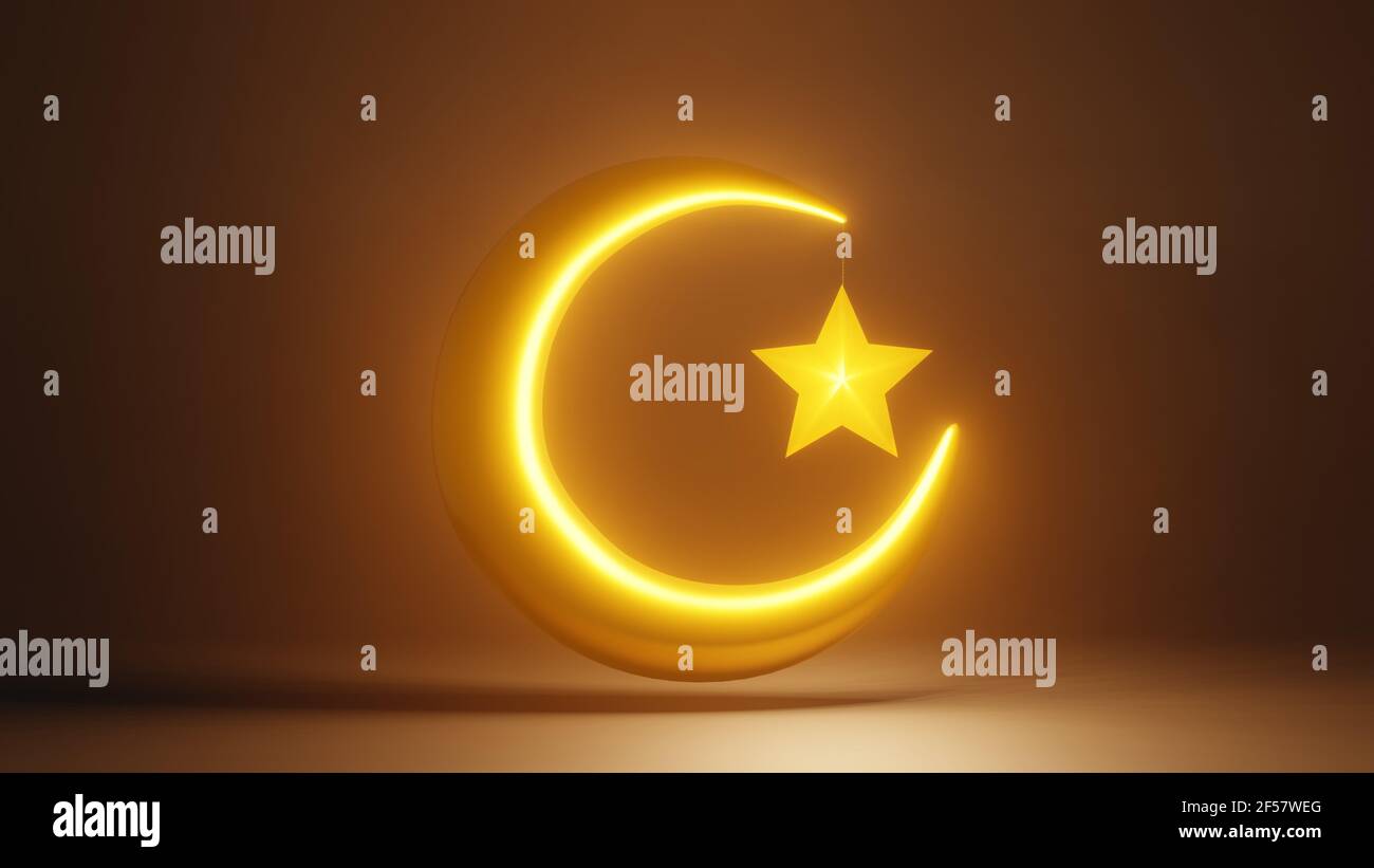 Crescent moon and stars golden Islamic symbol 3D rendering Stock Photo ...