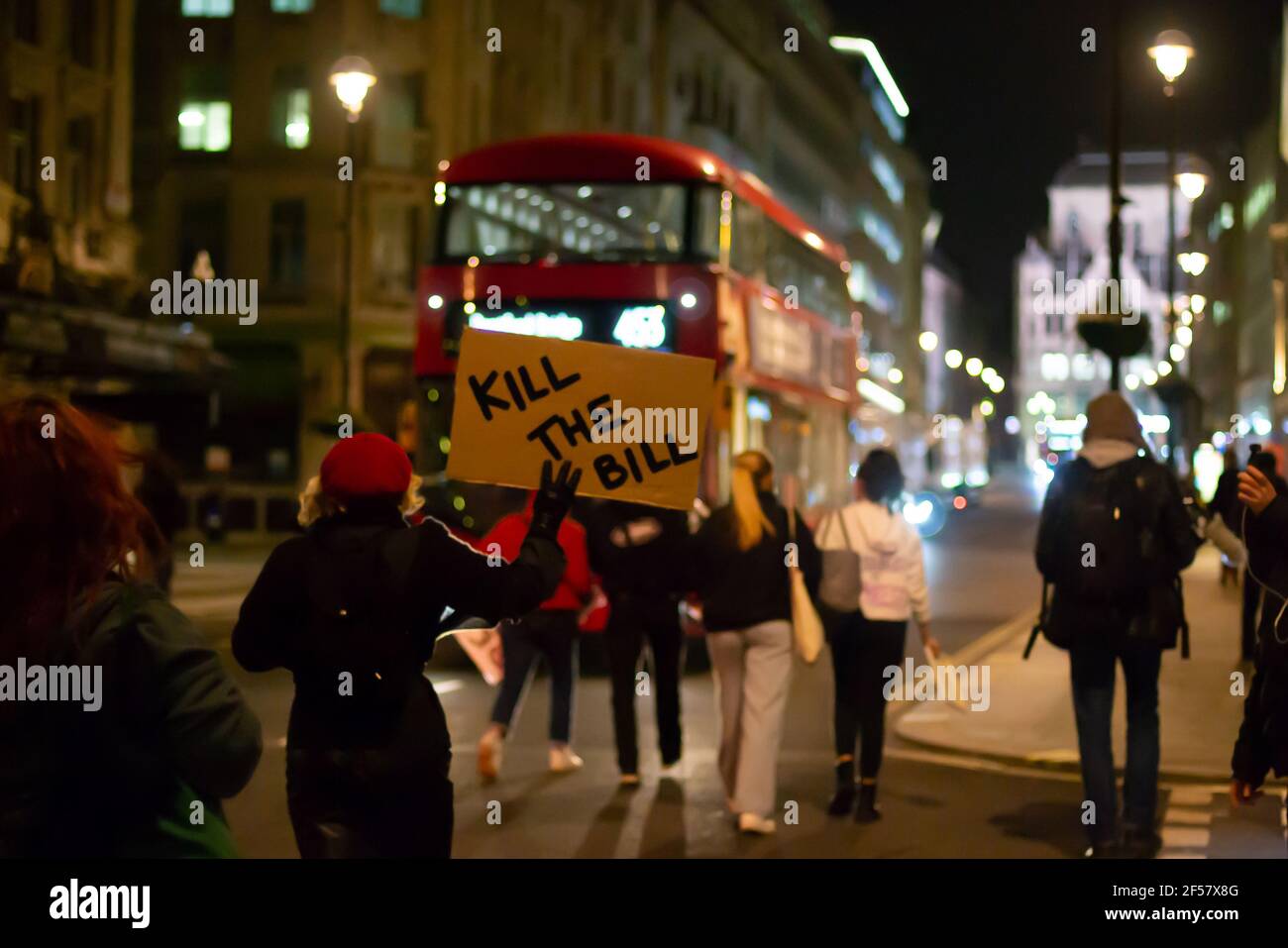 PICCADILLY, LONDON, ENGLAND- 16 March 2021: Protesters at the KILL THE BILL protest in London Stock Photo