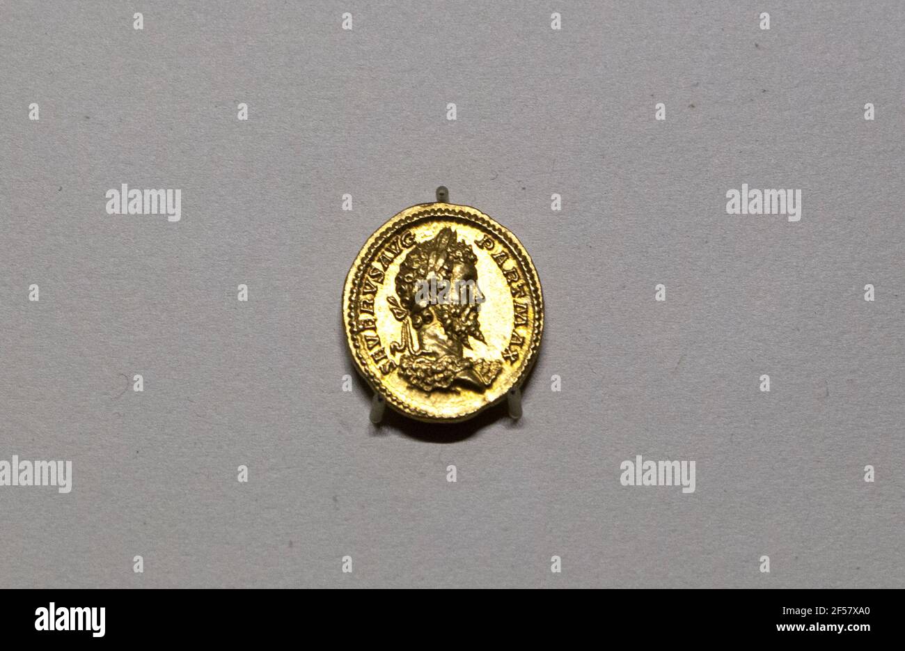 Madrid, Spain - March 6th, 2021: Aureus of Septimius Severus. Gold. 200 AC, Rome.  MAN, Madrid Stock Photo