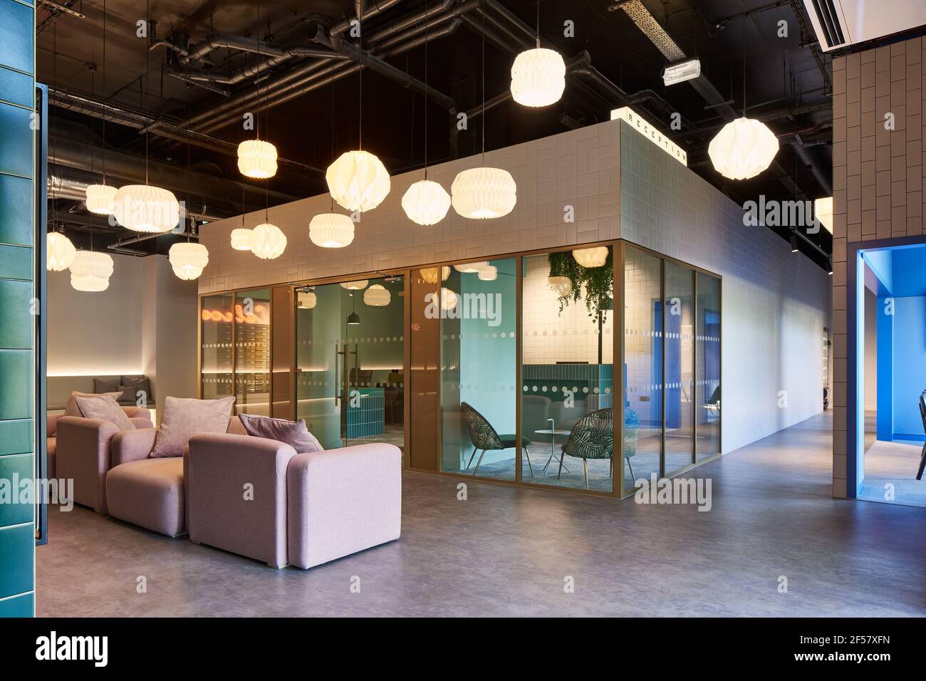 Lobby interior. Calico Student Accommodation, Liverpool, United Kingdom. Architect: Naomi Cleaver , 2020. Stock Photo