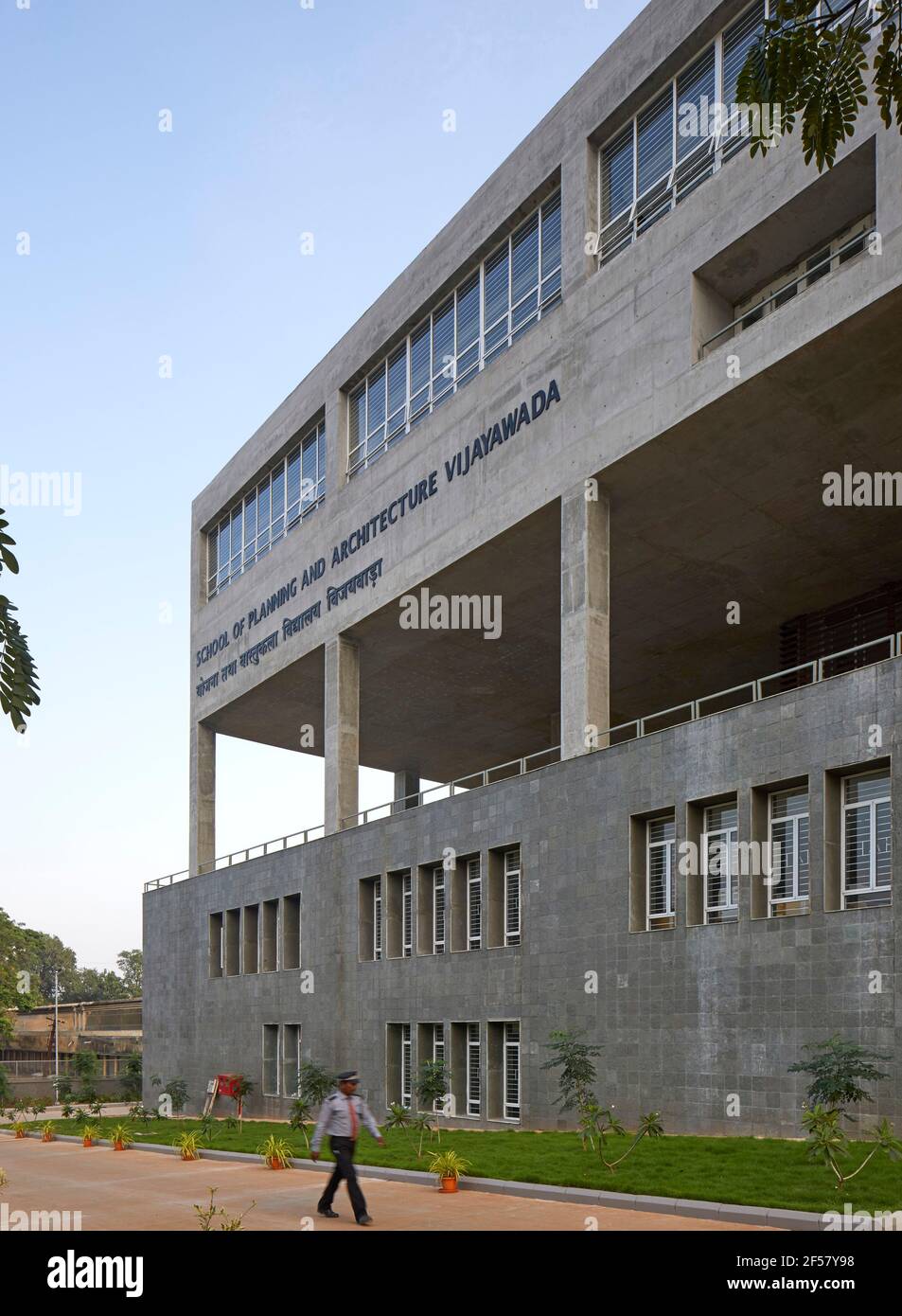 Early morning exterior facade view. Vijayawada School of Planning And