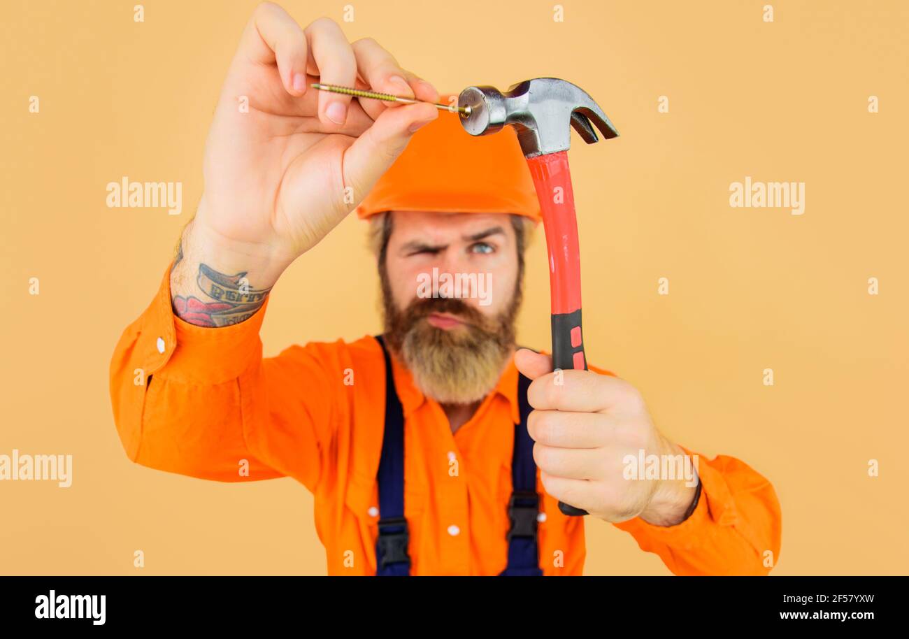 Hammer and nails. Builder hammering nail. Repairman with Repairment tools. Selective focus. Stock Photo