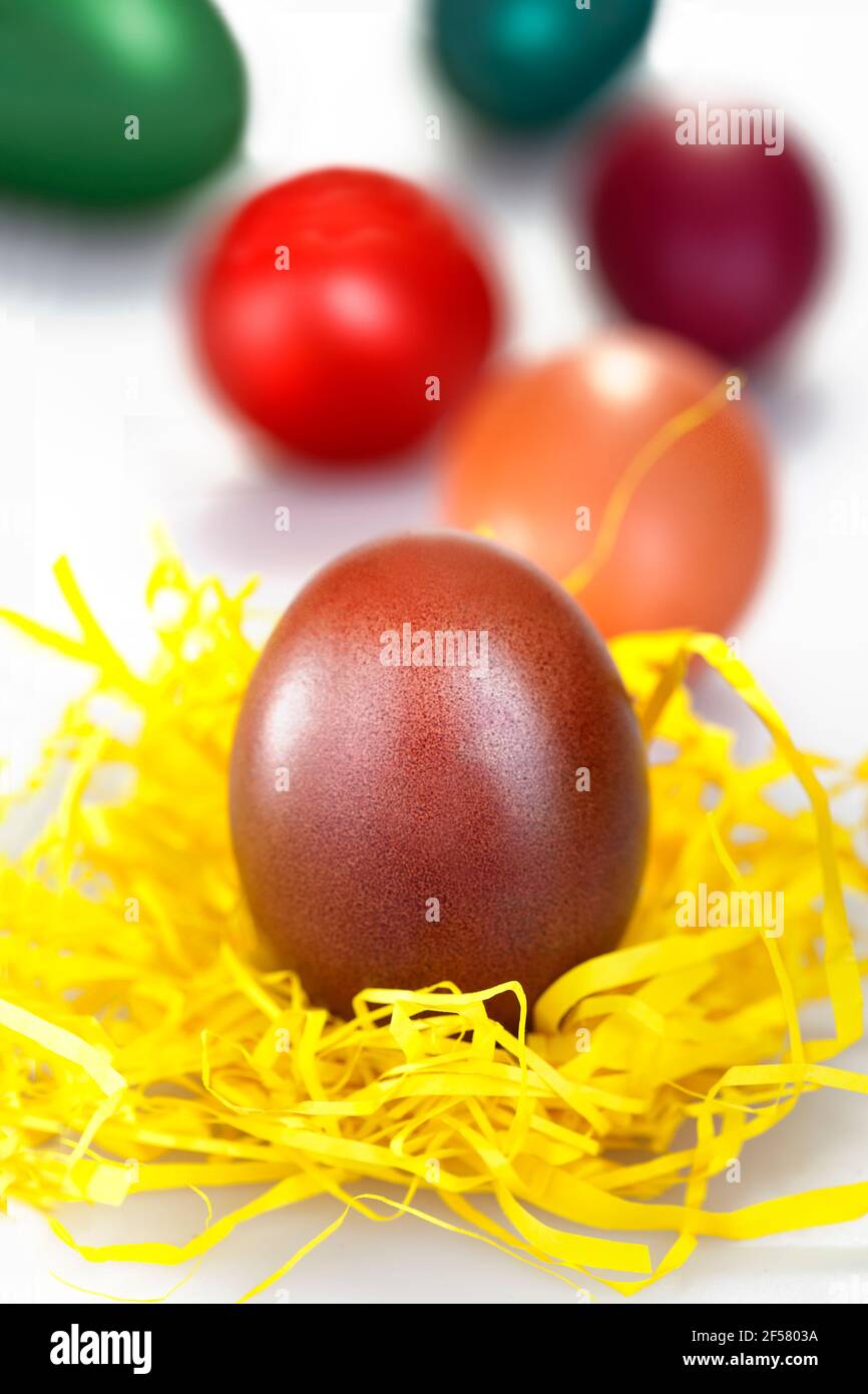 Free-range eggs colorfully eggs painted for Easter Stock Photo