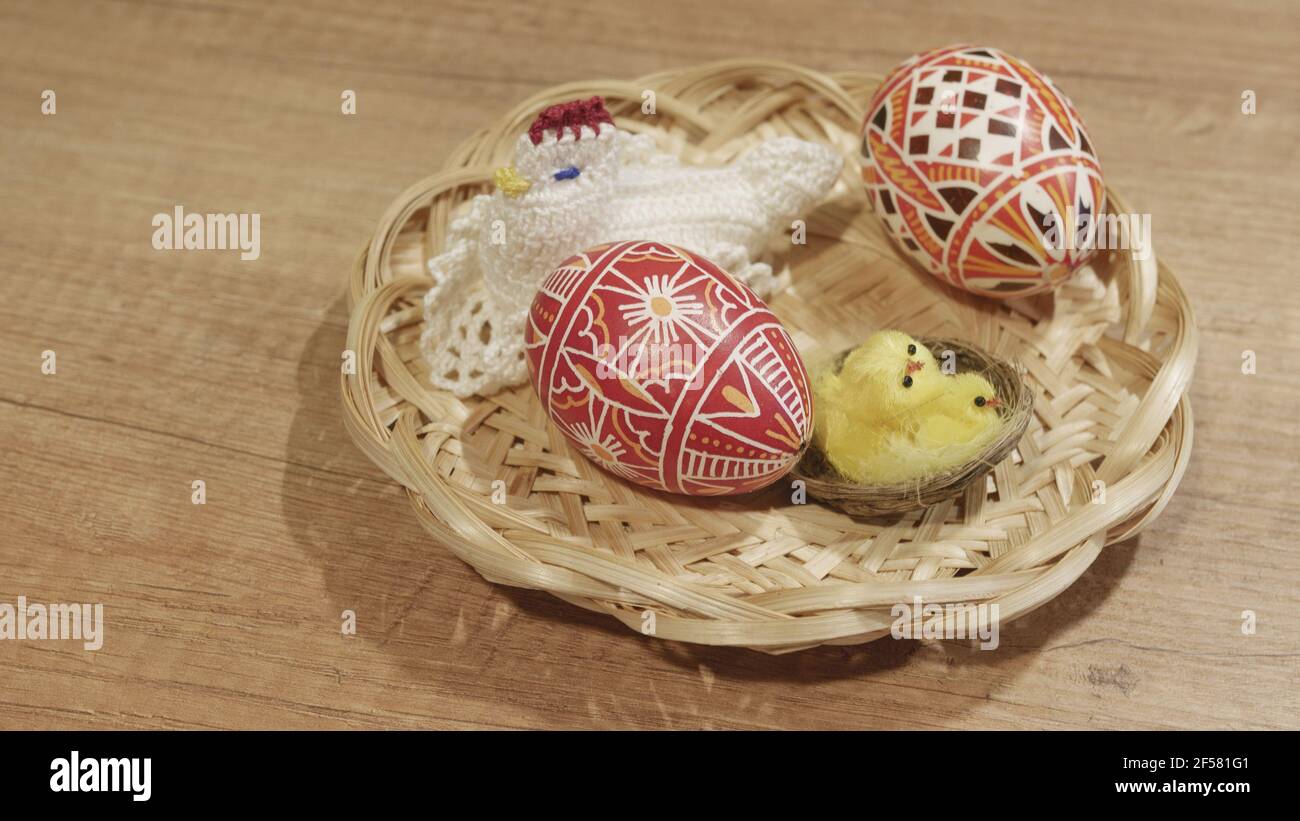 Happy Easter. Congratulatory easter background. Easter eggs and chicken, photo Stock Photo
