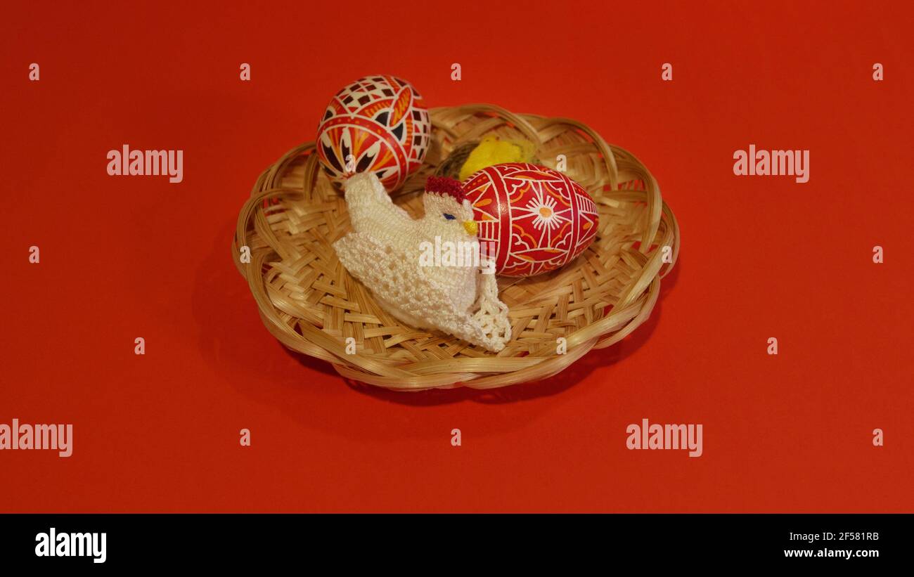 Happy Easter. Congratulatory easter background. Easter eggs and chicken, photo Stock Photo